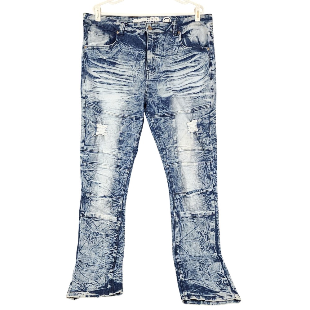 Mecca Since Day One Mens 40 Acid Wash Moto Distressed Stretch Fit Denim Jeans
